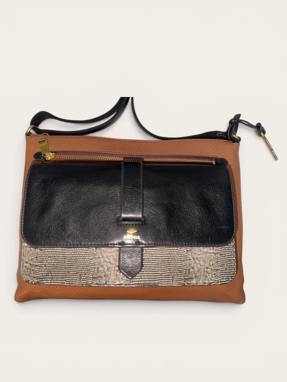 Fossil Kinley Pocket Crossbody ZB7378 Brown Pebbled Leather and Snake Print Bag - Picture 7 of 10